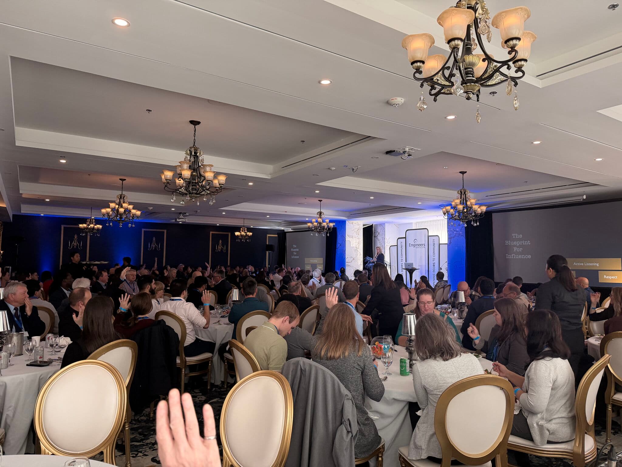 Large conference room participating in an influence and conflict session