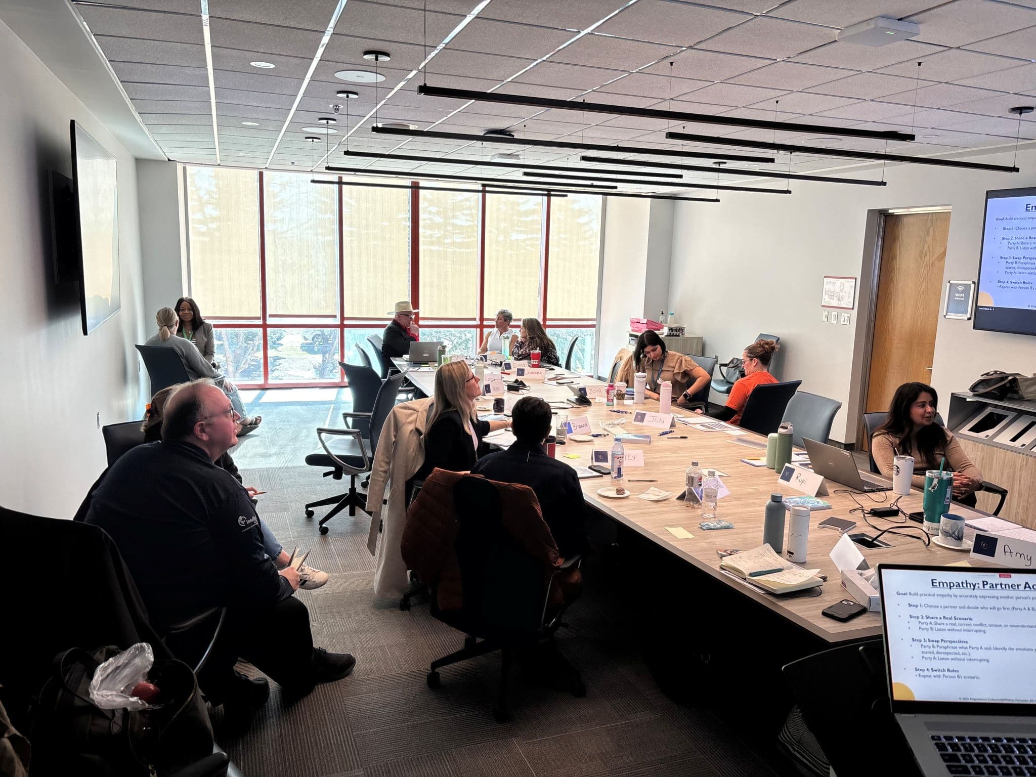 Corporate team working through an empathy partner activity in a boardroom