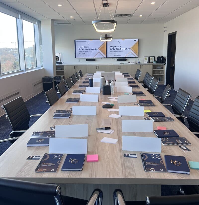 Boardroom prepared for a Negotiations Collective training session