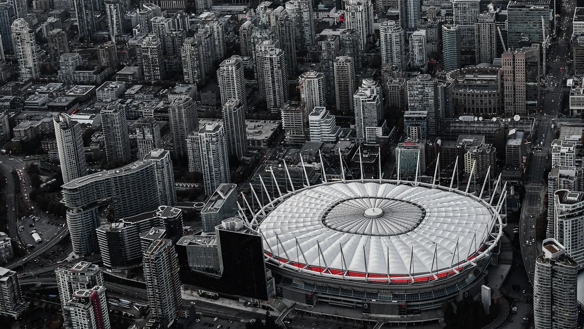 Aerial view of BC Place and downtown Vancouver