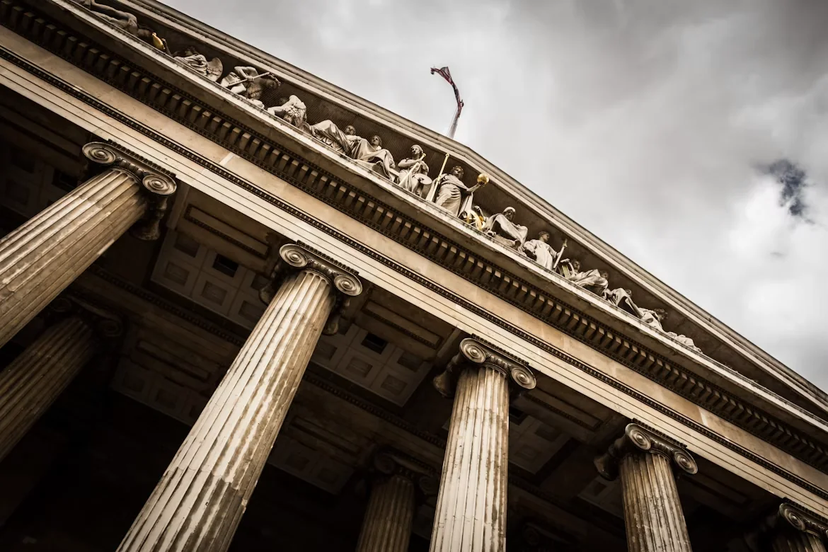 Classical columns and stonework on a financial institution building