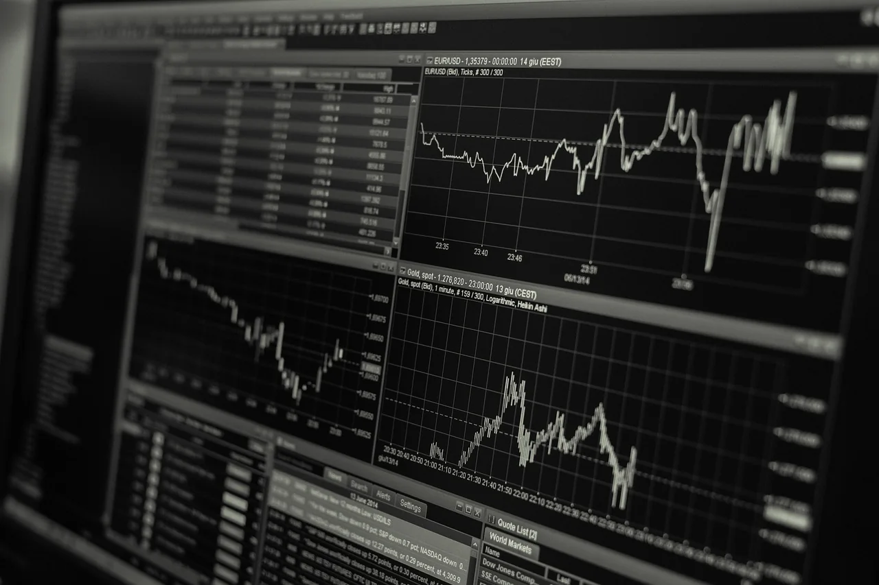Financial market charts and trading data displayed across a professional workstation
