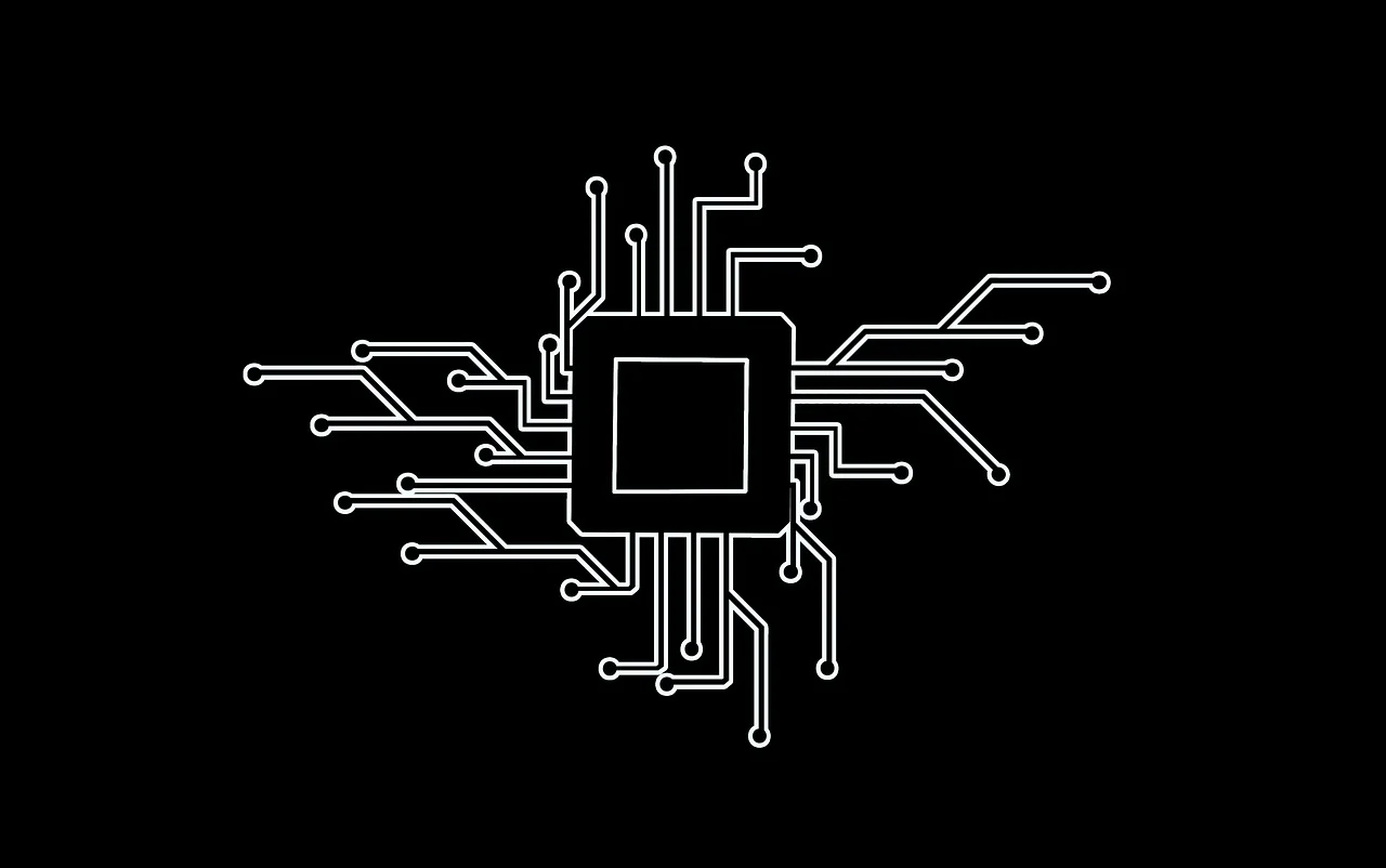 White processor and circuit illustration on a black background